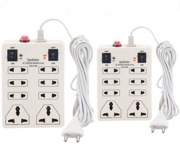 DIGWAY Mini Strip Extension Cord 8+2|8 Sockets 2 Switches(Cord Length:- 2 Meters) 8 Socket Extension Boards (White)(Pack of 2) 6 A Two Pin Socket