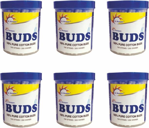 Dr. Morepen BUDS Cotton Ear Buds 100 Pcs Pack of 6, 100% Pure Cotton Swabs