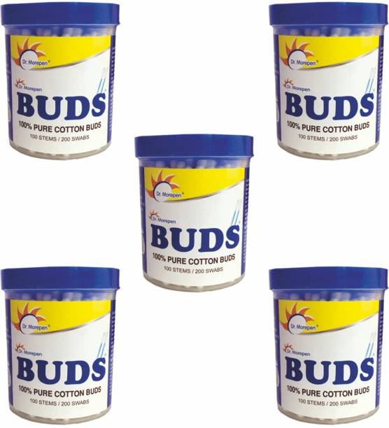 Dr. Morepen BUDS Cotton Ear Buds 100 Pcs Pack of 5, 100% Pure Cotton Swabs