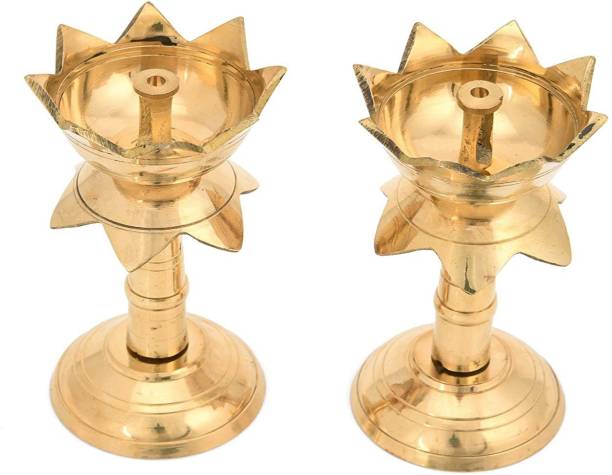 RUDRANSH Set of 2 Pure Brass Diya for Puja Temaple Decoration, Lotus Shape Pillar Diya Stand Oil Lamp for Home Mandir Pooja Articles Decor Gifts 3.5 inch set of 2 Brass (Pack of 2) Table Diya