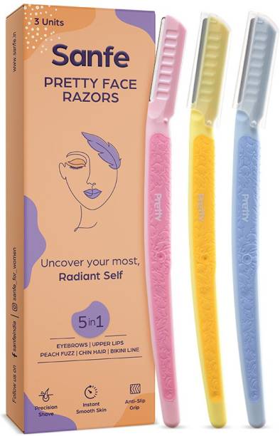 Sanfe Pretty Face Razor for painfree facial hair removal (3 units) - upper lips, chin, peach fuzz - Stainless steel blade, comfortable, firm grip | For sensitive skin