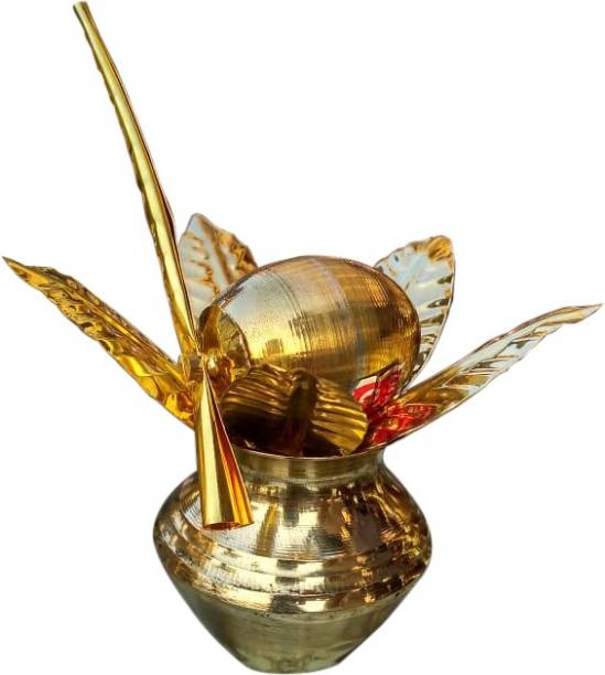 eCraftOdisha brass Mangal Kalash with Brass Nariyal and Leafs | for Diwali Pooja Metallic Coconut Mango Leaves (7cm x 7cm x 10 cm),Small Size Brass Kalash (Height: 3.5 inch) Gold Brass Kalash