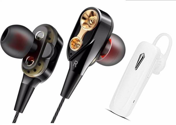 Foxne Point Dual Driver Earphone With Mic, & Wireless Bluetooth Headphone Bluetooth, Wired Headset