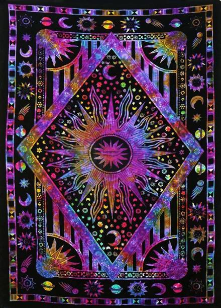 Art World Dimond Sun Moon Stars Tie Dye Mandala Tapestry Hippie Hippy Celestial Wall Hanging Indian Bohemian Tapestries Purple Multi Medium Size (Purple Multi Color, Twin (54x84 Inches)) Dimond Sun Moon Stars Tie Dye Mandala Tapestry