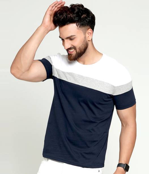 Men Color Block Round Neck Cotton Blend White, Blue, Grey T-Shirt Price in India