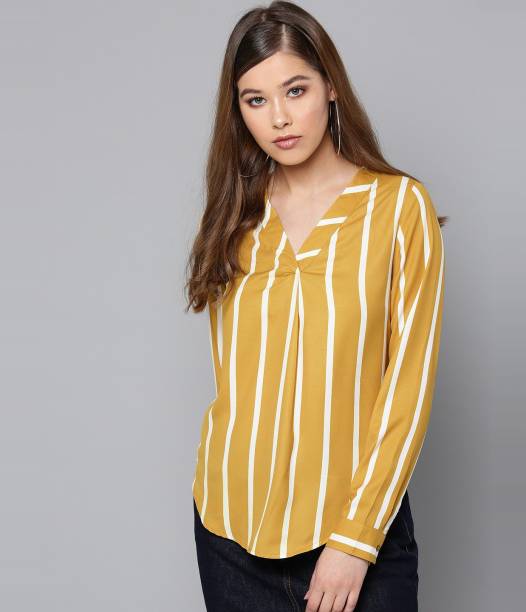 HARPA Casual Regular Sleeve Striped Women Yellow Top