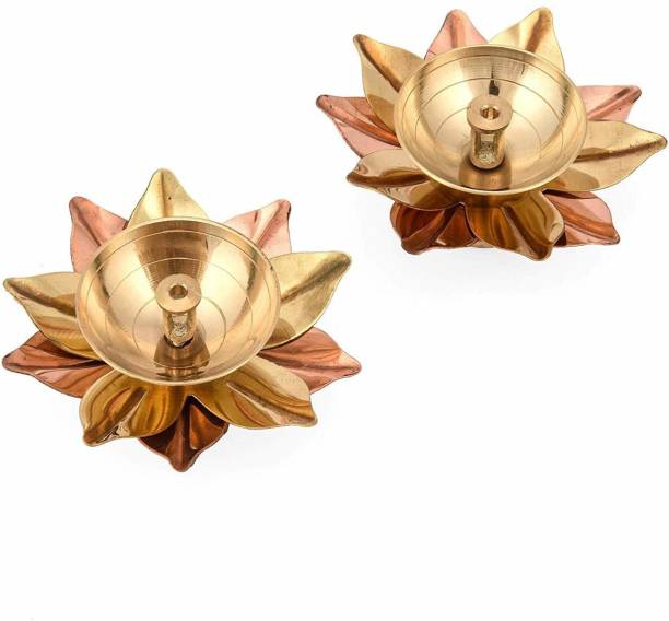 Fashion Bizz Brass Akhand Lotus/Kamal Diya | Akhand Jyot | Magical Lantern Brass Diya | Decorative Brass Oil Lamp | Puja Lamp Brass, Copper (Pack of 2) Table Diya