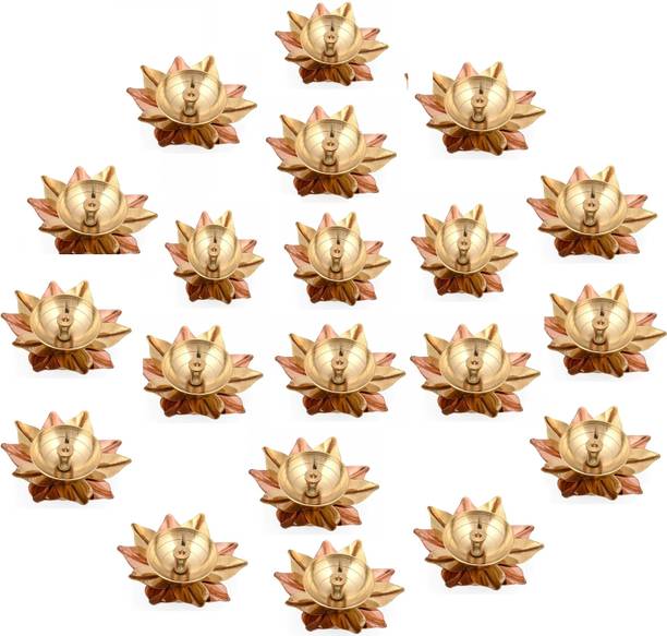 Fashion Bizz Akhand Kamal Lotus Diya Akhand Jyot Magical Lantern Brass Diya Puja Lamp Brass, Copper (Pack of 20) Table Diya Set