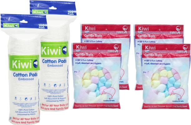 KIWI Gift Pack Cotton Pads(2x100), Multicolor Balls(4x50)