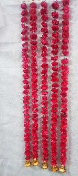 Eliq Hanging Bells Garlands Artificial Flower Toran, Garlands for Office, Home, Diwali, Navratri Decoration Pack of 5 Red Color 5ft Each Layer With Big Bell 3x2.5Inch Genda Fool For Home Diwali Decoration Marigold Flower Garland