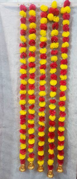Eliq Hanging Bells Garlands Artificial Flower Toran, Garlands for Office, Home, Diwali, Navratri Decoration Pack of 5 Red & Yellow Color 5ft Each Layer With Big Bell 3x2.5Inch Genda Fool For Home Diwali Decoration Marigold Flower Garland