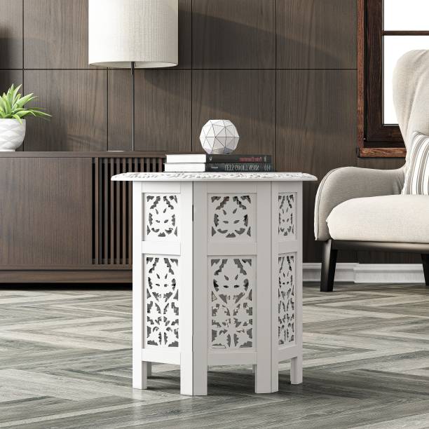 House of Pataudi Wooden Handcrafted Carved Solid Folding White Coffee Table Solid Wood Side Table
