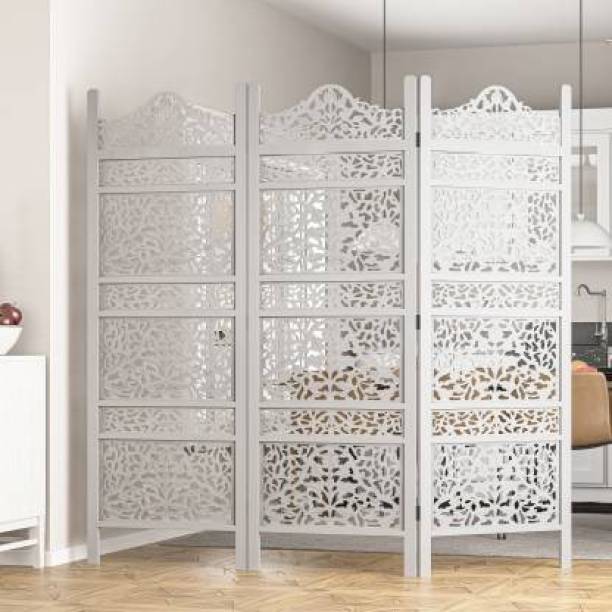 House of Pataudi Handcrafted 3 Panel Wooden Room Partition & Room Divider (White) Solid Wood Decorative Screen Partition