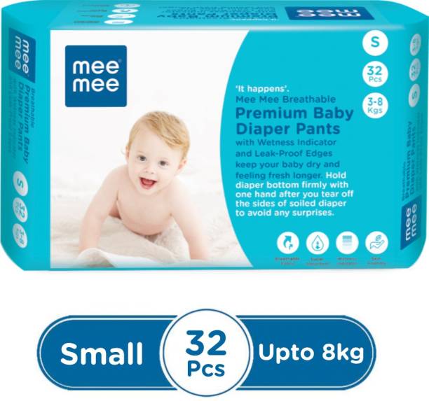 MeeMee Breathable Premium Baby Diaper Pants with Wetness Indicator and Leak-Proof Edges (Small, 32 Pcs) - S