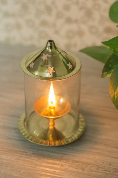 Fashion Bizz Brass Akhand Diya | Akhand Deepak/Dia | Akhand Jyot | Magical Lantern Brass Diya | Decorative Brass Crystal Oil Lamp | Tea Light Holder Lantern | Puja Lamp Brass Table Diya Brass Table Diya