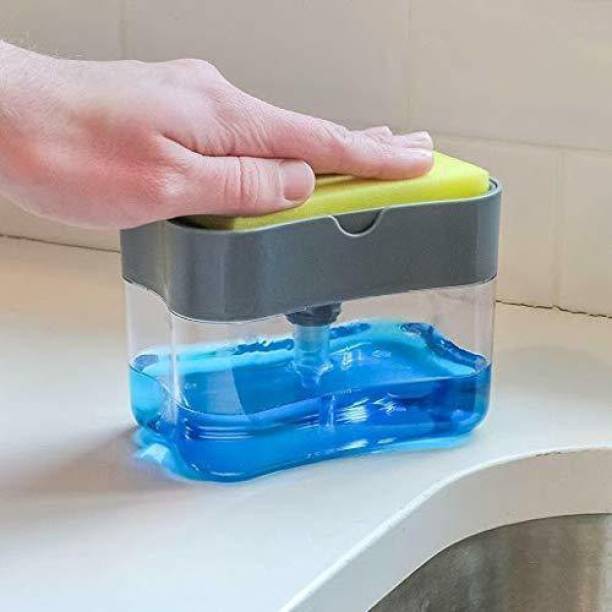 QWEEZER Plastic Grey Soap Dispenser with 2 in 1 Sponge Holder, Manual Press Liquid Pump Storage Dishwash Bar