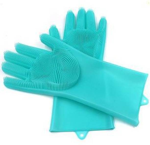 HSA Set of A Pair Magic Silicone Gloves Wash Scrubber Gloves Reusable Cleaning Brush Gloves Heat Resistant Scrub Rubber Glove and fruit dishwashing gloves (Multicolour -1 Pair) Wet and Dry Disposable Glove