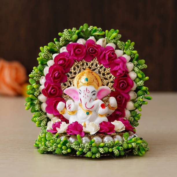 eCraftIndia Lord Ganesha Idol on Decorative Handcrafted Green Floral Plate for Home and Car Decorative Showpiece  -  12 cm