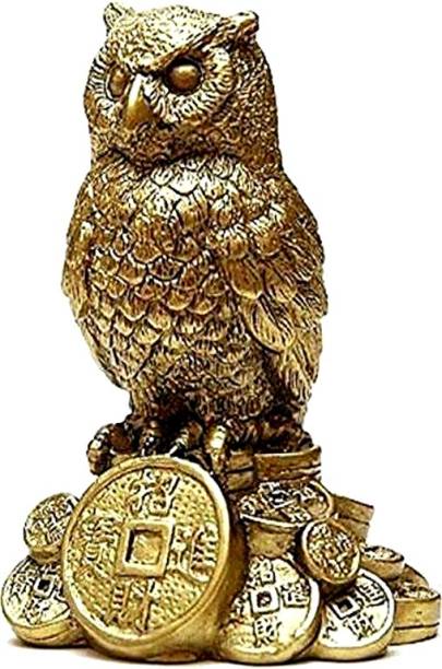 FOBHIYA Feng Shui Golden Owl Standing on a Pile of Coins Idol Statue For Good Health,Wealth,Good Luck & Prosperity, Holy Spiritual Showpiece for Car Dashboard & Home Decor, Made in India Best For Gifting Decorative Showpiece  -  9 cm