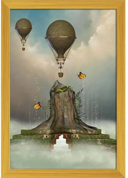 Landscape With Trunk & Air Balloon Paper Poster Golden Frame | Top Acrylic Glass 13inch x 19inch (33cms x 48.3cms) Paper Print