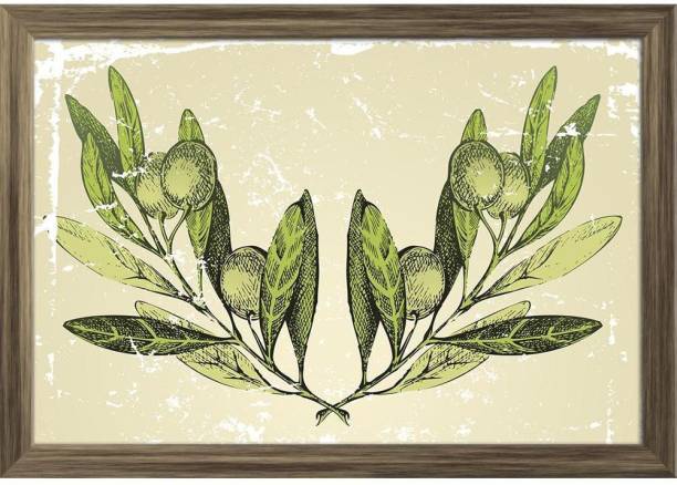 Olive Branches Ornament Paper Poster Antique Golden Frame | Top Acrylic Glass 13inch x 9inch (33cms x 22.9cms) Paper Print
