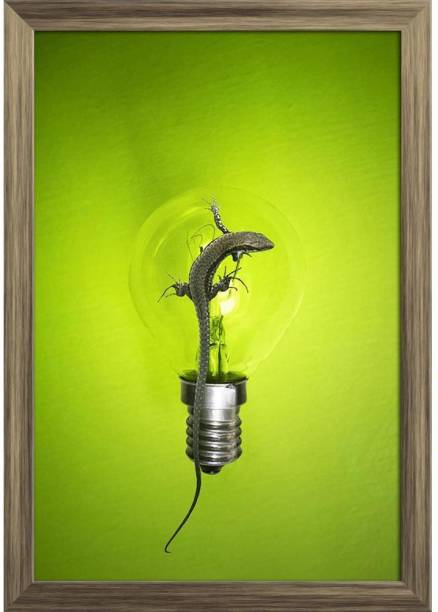 Ecologic Lamp With A Lizard Paper Poster Antique Golden Frame | Top Acrylic Glass 9inch x 13inch (22.9cms x 33cms) Paper Print