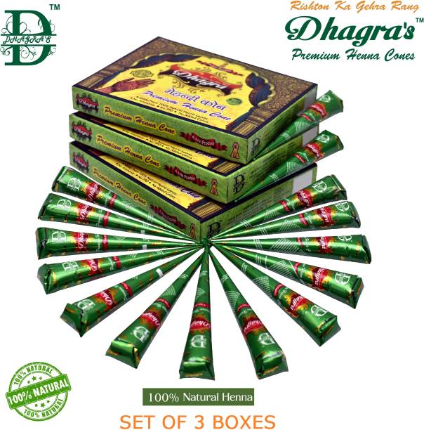 dhagra's Premium Henna Cones - Set Of 3 Boxes Natural Mehendi