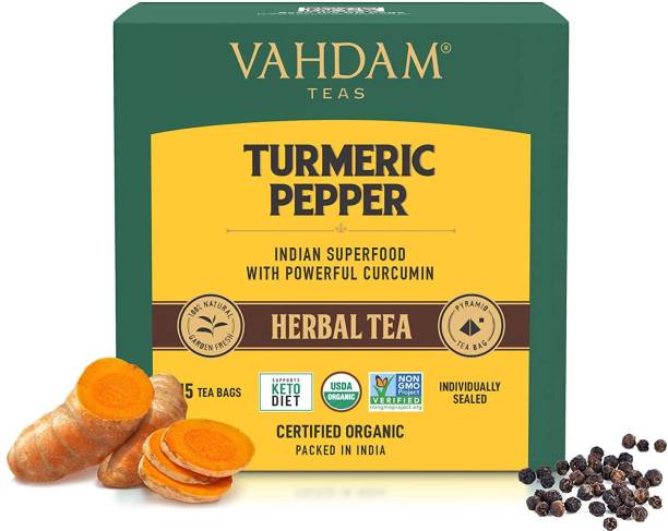 Vahdam Organic Turmeric Pepper Tea - Turmeric, Cardamom, Cloves Herbal Tea Bags Box