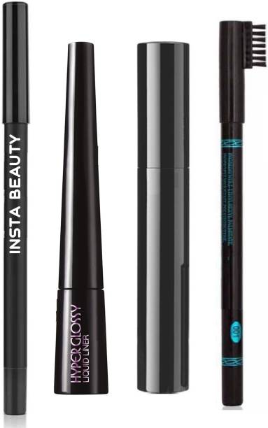 Insta Beauty Colossal Kajal Pencil + Hyper Glossy Eye Liner + Colossal Mascara + Me Now EyeBrow Pencil (4in1) Design May Vary