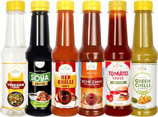 LIYFE Combo of 6 Sauce (Schezwan Sauce, Green Chilli, Tomato Ketchup, Red Sauce, Soya Sauce, White Vinegar) 200 gm each Sauce Combo Sauces