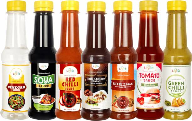 LIYFE Combo of 7 Sauce (Imli Dates Chutney, Schezwan Sauce, Red Chilli Sauce, Green Chilli Sauce, Tomato Ketchup, Vinegar, Soya Sauce) 200 gm each - Sauce Combo Sauces & Ketchup