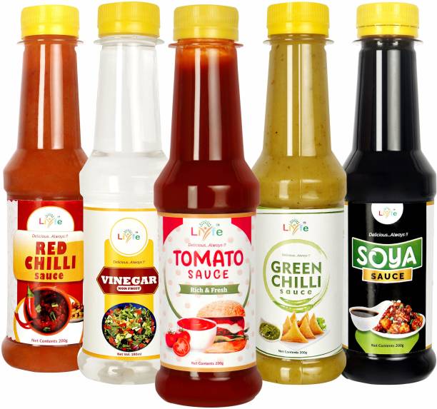 LIYFE Combo of 5 Sauce (Tomato Ketchup, Red Chilli-Sauce, Soya-Sauce, Green-Chilli Sauce, White Vinegar) - 200 gm each - Sauce Combo Sauces