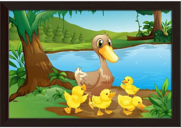 Mother Duck With Her Ducklings Paper Poster Dark Brown Frame | Top Acrylic Glass 19inch x 13inch (48.3cms x 33cms) Paper Print