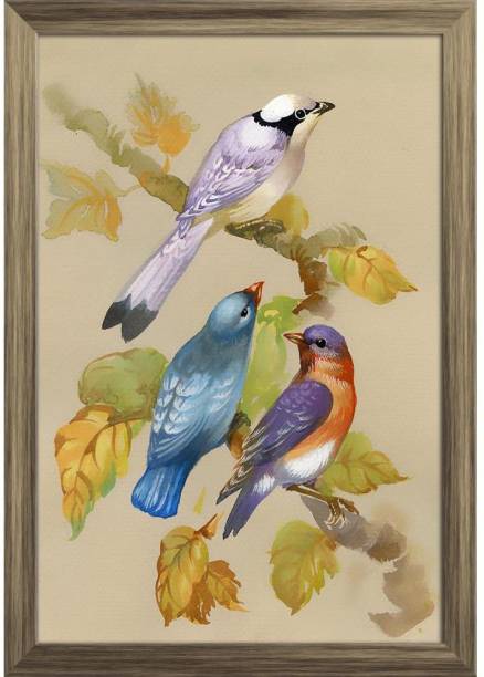 Birds On A Blossoming Tree Paper Poster Antique Golden Frame | Top Acrylic Glass 9inch x 13inch (22.9cms x 33cms) Paper Print