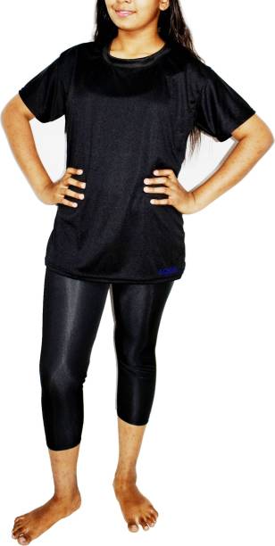 AQUA holic Aqua Holic Women T-Shirt & Capri For Yoga, Running, Zumba,Gym, Aerobics, Cycling, Swimming & Other Sports-Black Solid Women Swimsuit