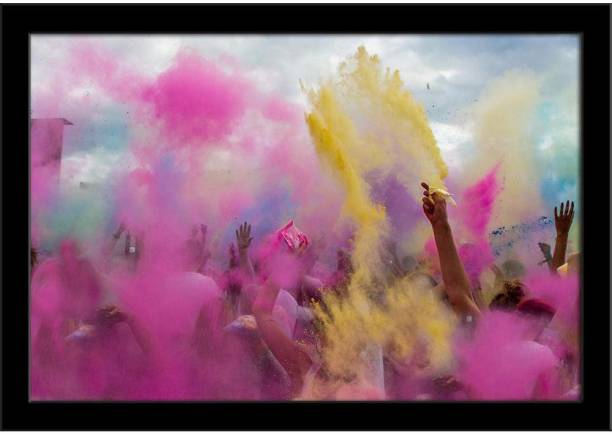 Holi Festival India Paper Poster Black Frame | Top Acrylic Glass 19inch x 13inch (48.3cms x 33cms) Paper Print