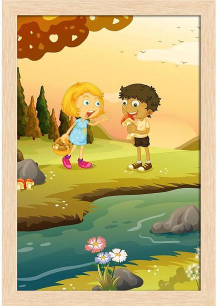 Boy & A Girl Playing At The Forest Paper Poster Natural Brown Frame Paper Print