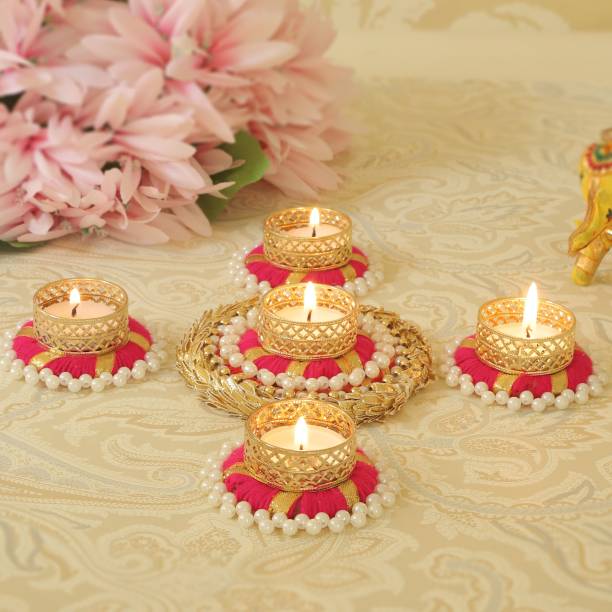 TIED RIBBONS Floral Tealight Candle Holder Set for Diwali Home Decor Combo Jute Tealight Holder Set