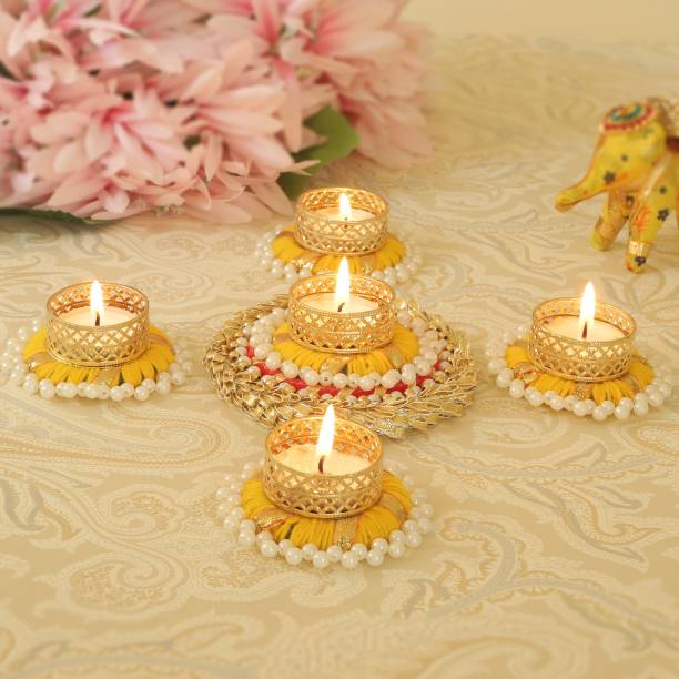 TIED RIBBONS Floral Tealight Candle Holder Set with Tealight Candle for Diwali Home Decor Combo Jute Tealight Holder Set