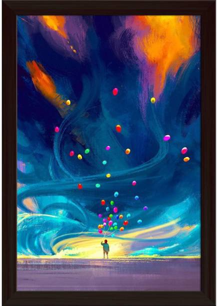 Child Holding Balloons In Front Of Fantasy Storm Paper Poster Dark Brown Frame | Top Acrylic Glass 13inch x 19inch (33cms x 48.3cms) Paper Print