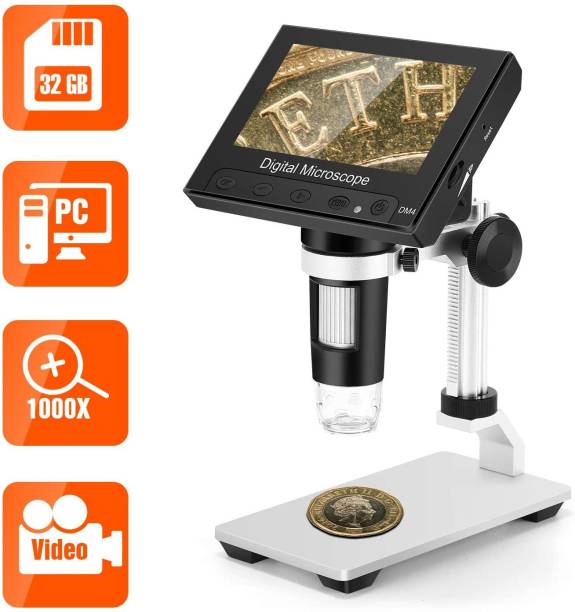 Auslese LCD 1000X Magnification Digital Microscope with 32GB SD Support, 4.3" with Metal Stand, 8 LED Lights, Video Recorder for Observing Coin/Stamps/Plants/PCB, Supports Windows Objective Microscope Lens