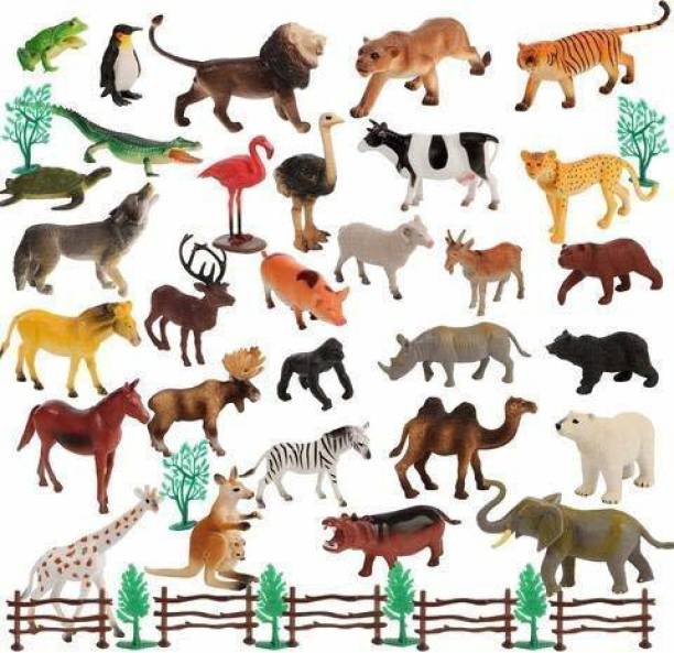 TOTAM Mini Jungle Animals Figure Toys Play Set 30 Piece, Realistic Wild Plastic Animal with Artificial Grass & Fencing Learning Games for Boys Girls Kids Toddlers, Animals Cupcake Topper