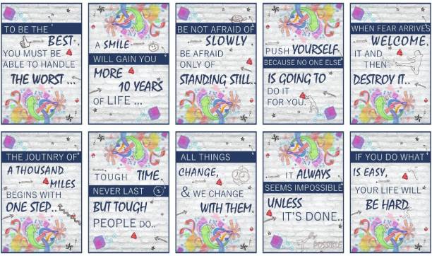 Inspirational Motivational Self Adhesive Laminated Wall Posters For Home & Office Decor (White) - Set of 10 Paper Print