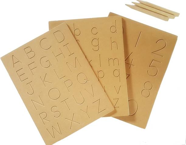 Beebom Capital and Small Alphabet with Numbers BN1125 Writing Practice Wooden Tracing Boards Educational Toys for Kids with Dummy Pencil | Letter Educational Slate | Learning Board for Baby ( 3 to 6) -Set of 3
