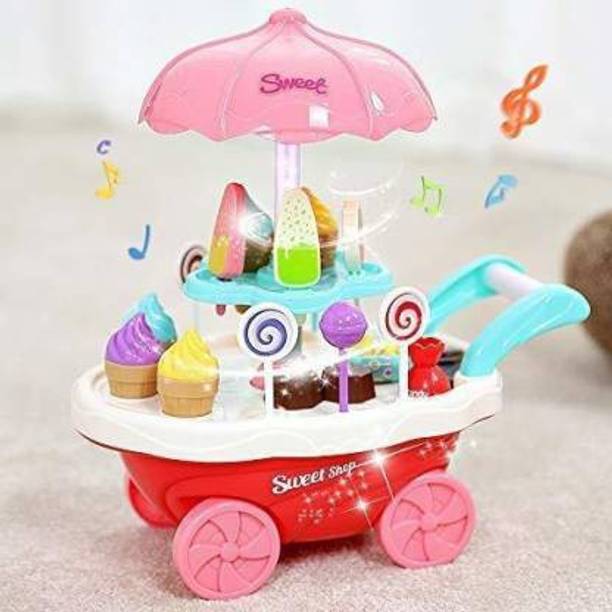 SUVARNA 30Pcs Candy Ice Cream Trolley Children Pretend Play Toys Simulation Candy Music Ice Cream Toys Set Mini Push Car Play House Gift