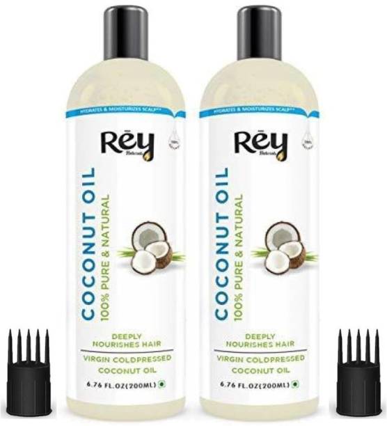 Rey Naturals Cold Pressed Coconut oil for hair and skin - 100% Pure & Natural (400ml) - (200ml x 2) Hair Oil