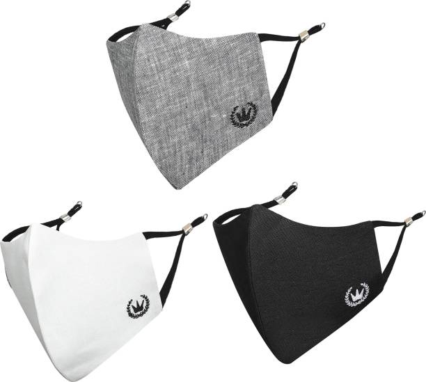 MASQ by Q-One CREST Anti-Pollution, Anti-Bacterial (BFE>99%) 4 Layer Embroidered, Designer, Trendy, Fashionable & Protective Cotton Cloth Face Mask for Men, Boys with Adjustable Strap & Ear Adjusters (Large, Black-Grey-White, Pack of 3) Linen_Crest_Large_03 Reusable, Washable Cloth Mask