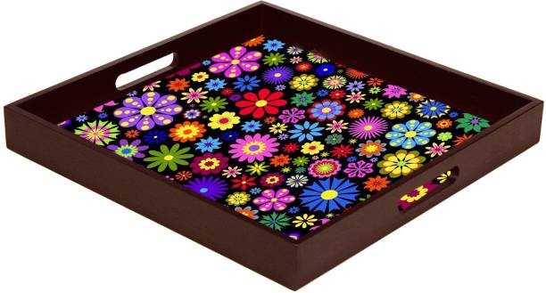 paper pebbles Design Premium Wooden Serving Tray for Home and Office Design Floral & Birds Printed Design (9inch x 9 inch) Square Tray