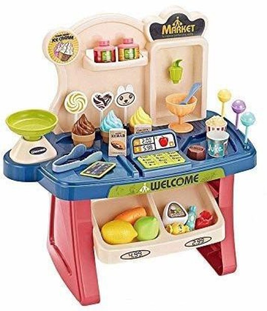 Kids Supermarket Super Fun Playset with Shopping Cart and Scanner Grocery Simulation Toy Pretend Play Gift Toys for Boys Girls Shipment from USA, Multicolour A Children Grocery Store Playset 