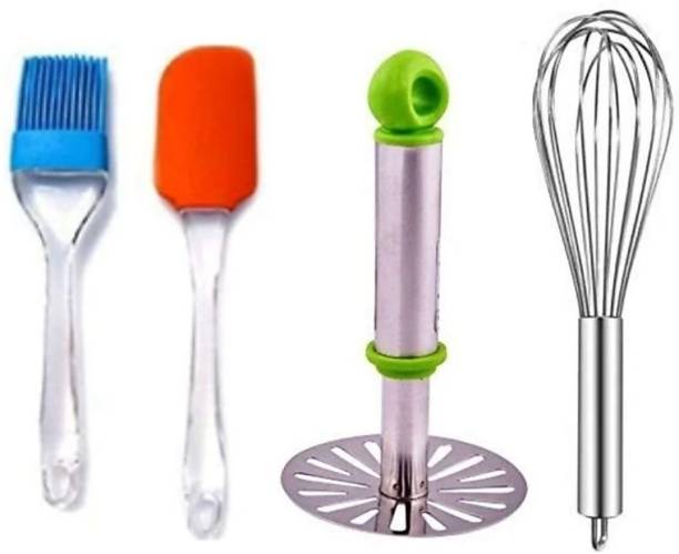 YS Creation 4 Combo (Pack of 4) Multipurpose Non-Stick Heat Resistance Silicone Spatula Cooking Oil Brush Set Seamless & Flexible with Egg Whisker and Stainless Steel Potato Masher Kitchen Tool Set Multicolor Kitchen Tool Set